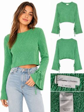 Lovers + Friends M Green Chenille Crop Bell Sleeve